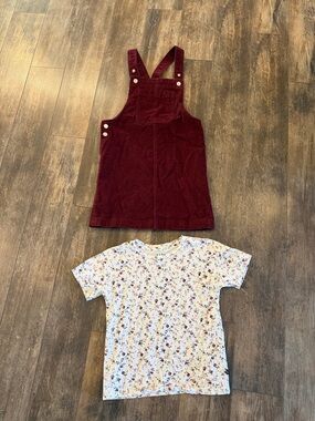 GAP Burgundy Corduroy Pinafore Dress with Floral Tee
